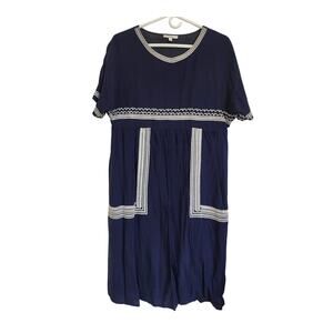 Navy/White Embroidery Midi Shift Dress Cottage 4th of July Size Small Oversized